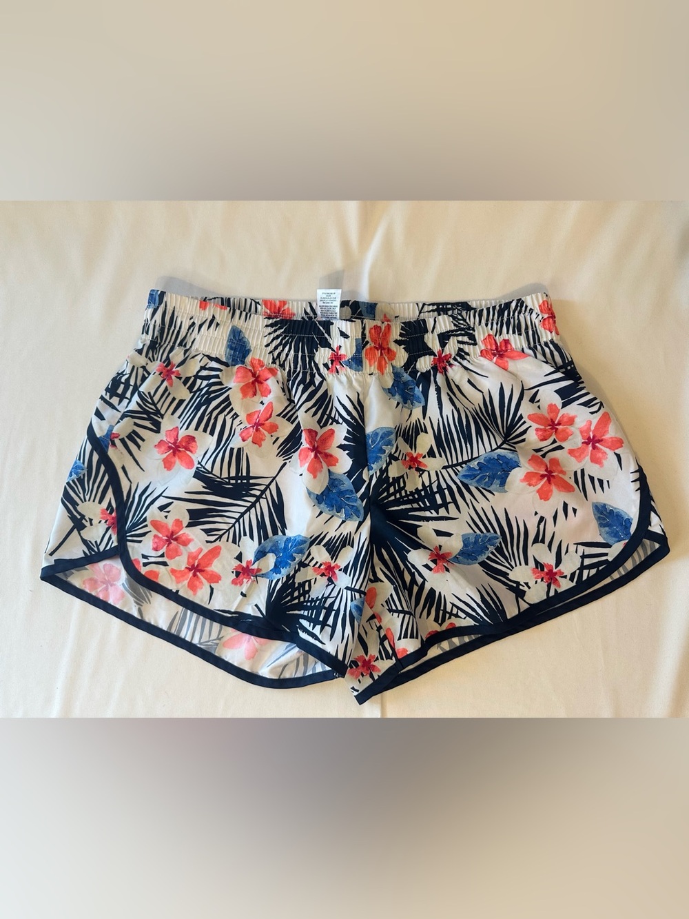 Athletic Works White Floral Athletic Shorts with Navy Trim